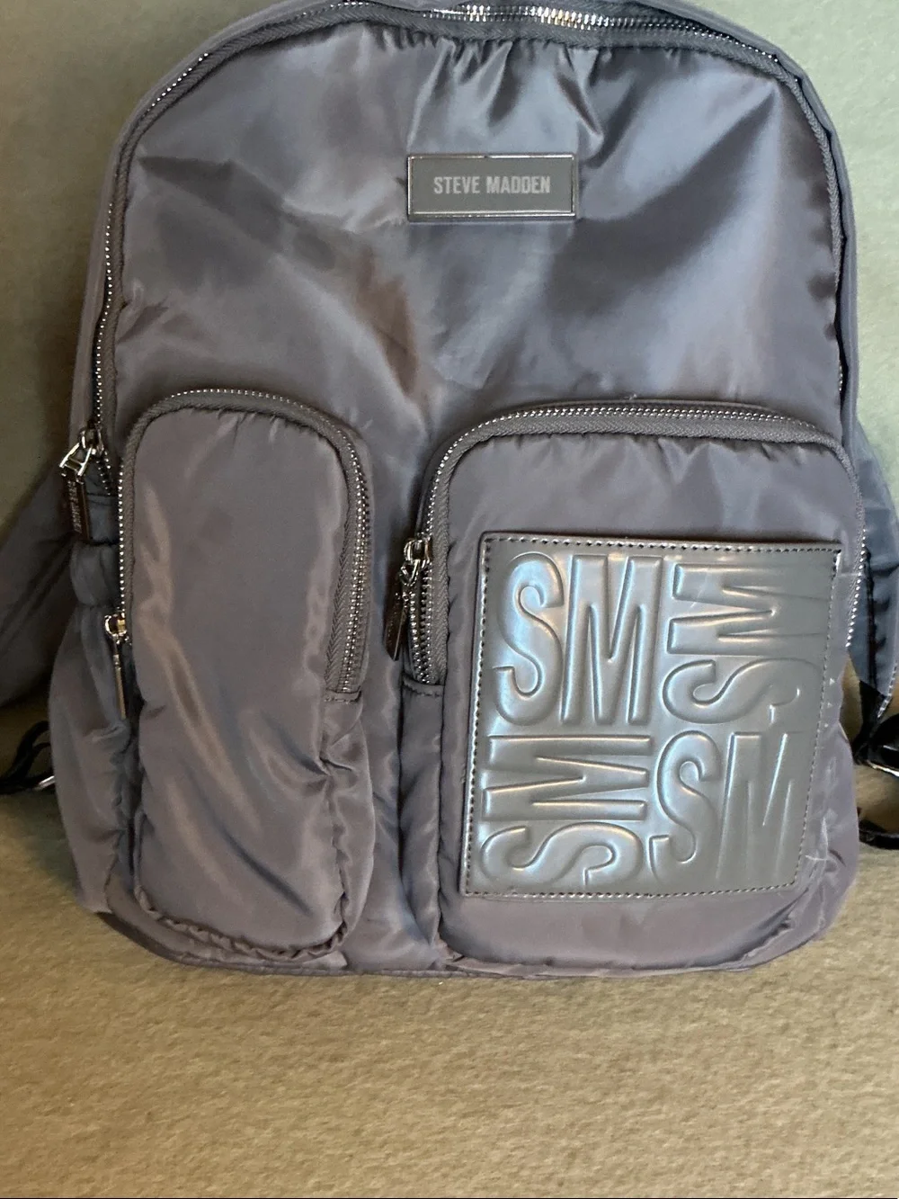 Steve Madden Charcoal Gray Nylon Backpack with Embossed Patch